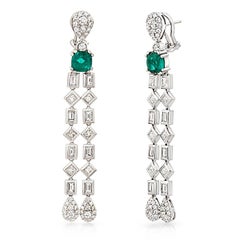 1.57 Ct Natural Emerald & 3.95 Ct Diamonds In 18k White Gold Drop Earrings