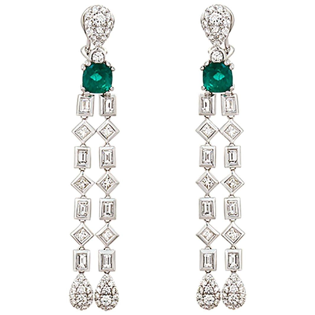 1.57 Ct Natural Emerald & 3.95 Ct Diamonds In 18k White Gold Drop Earrings
