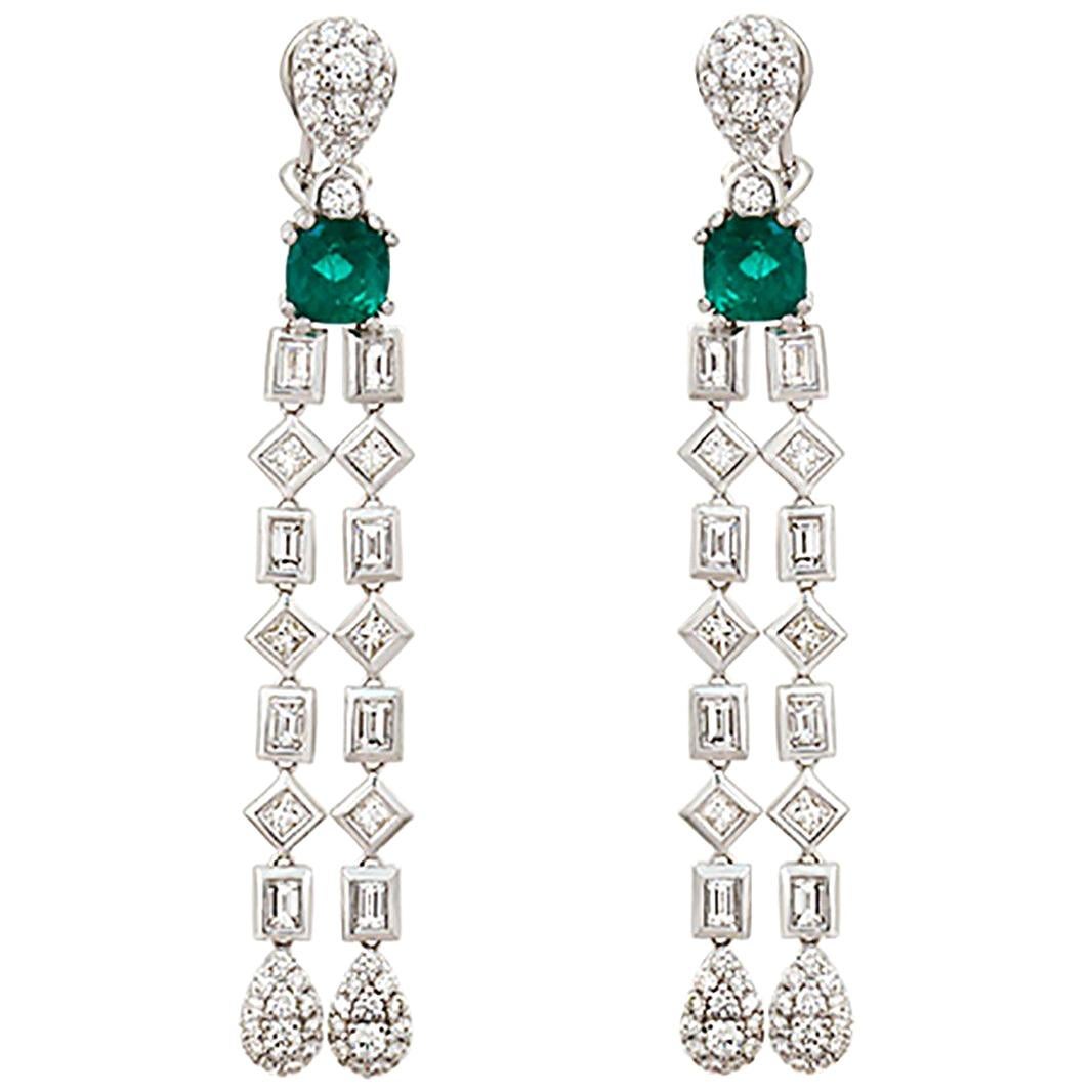 1.57 Ct Natural Emerald & 3.95 Ct Diamonds In 18k White Gold Drop Earrings
