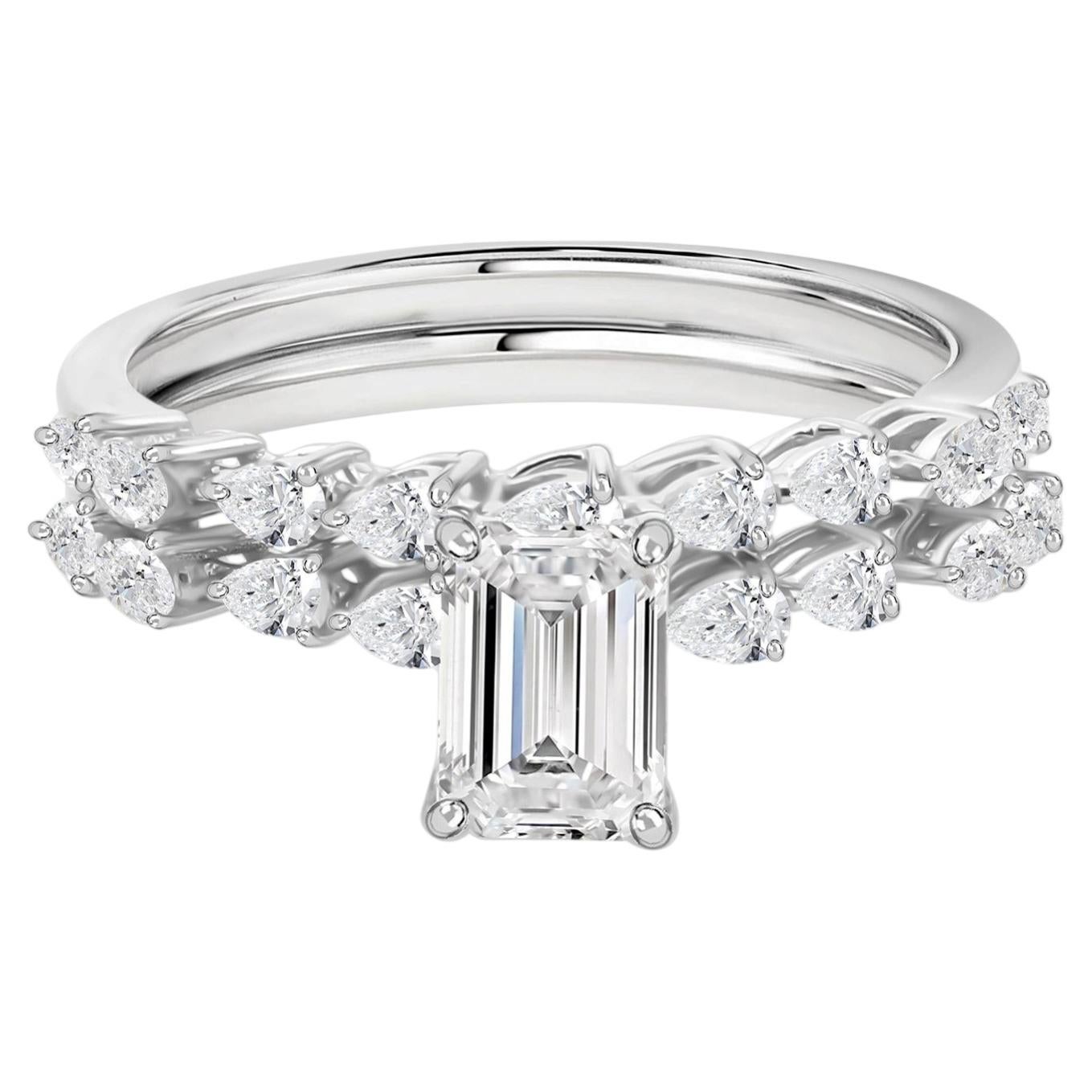 1.57 Ct Natural Emerald Cut Diamond Bridal Ring Set 18K White Gold