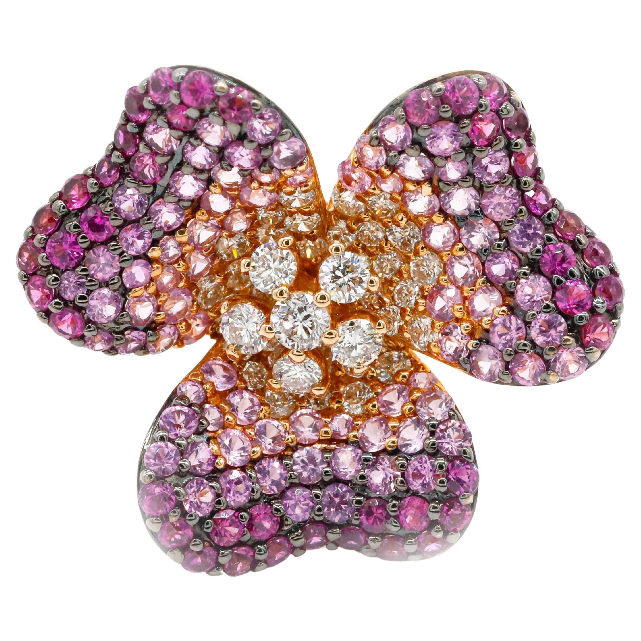 1.57 Ct Round Diamond Pink Sapphire Clove Flower 18K Rose Gold Cocktail Ring For Sale