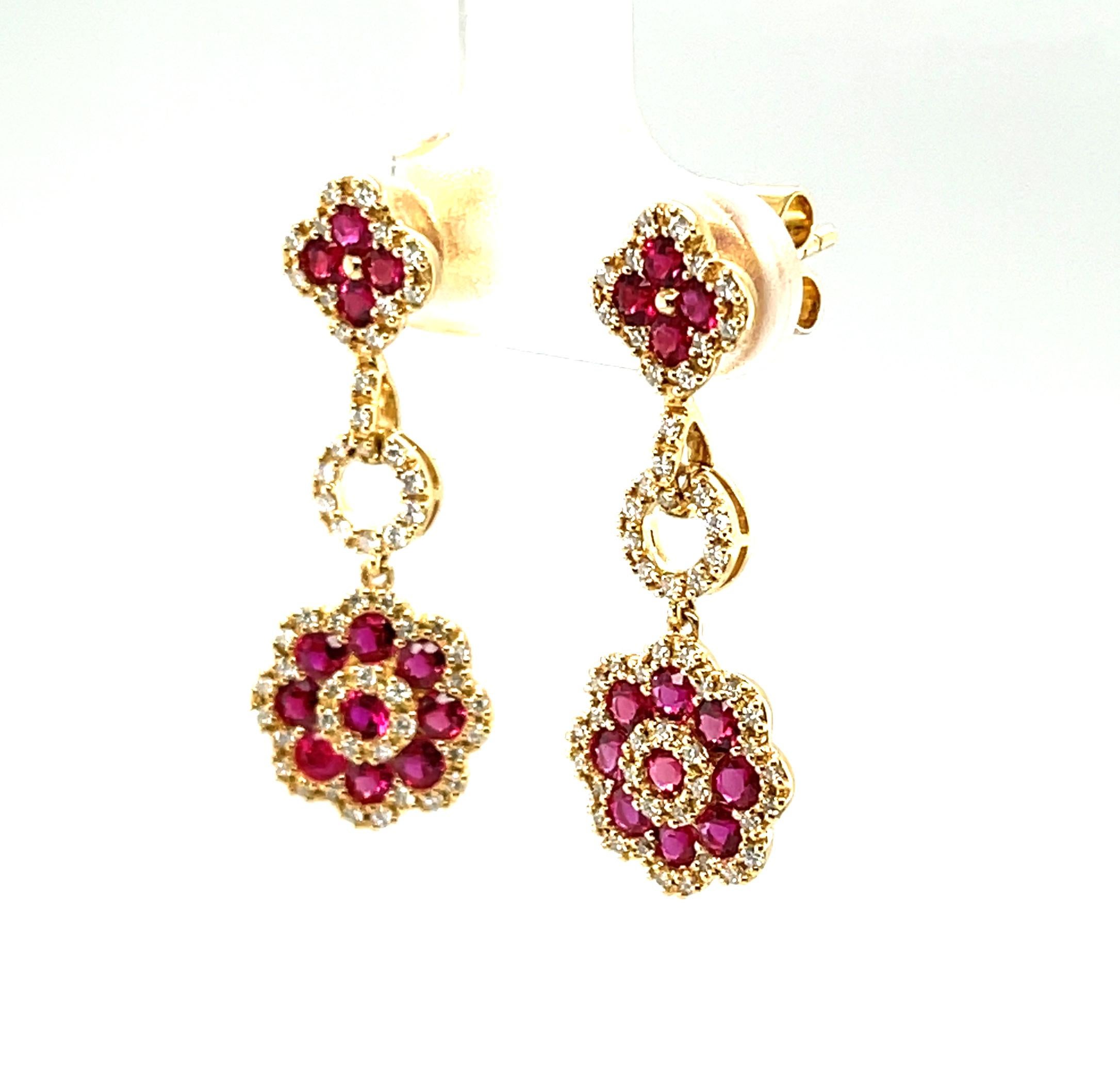 Artisan Ruby and Diamond Flower Dangle Earrings in 18k Yellow Gold  For Sale