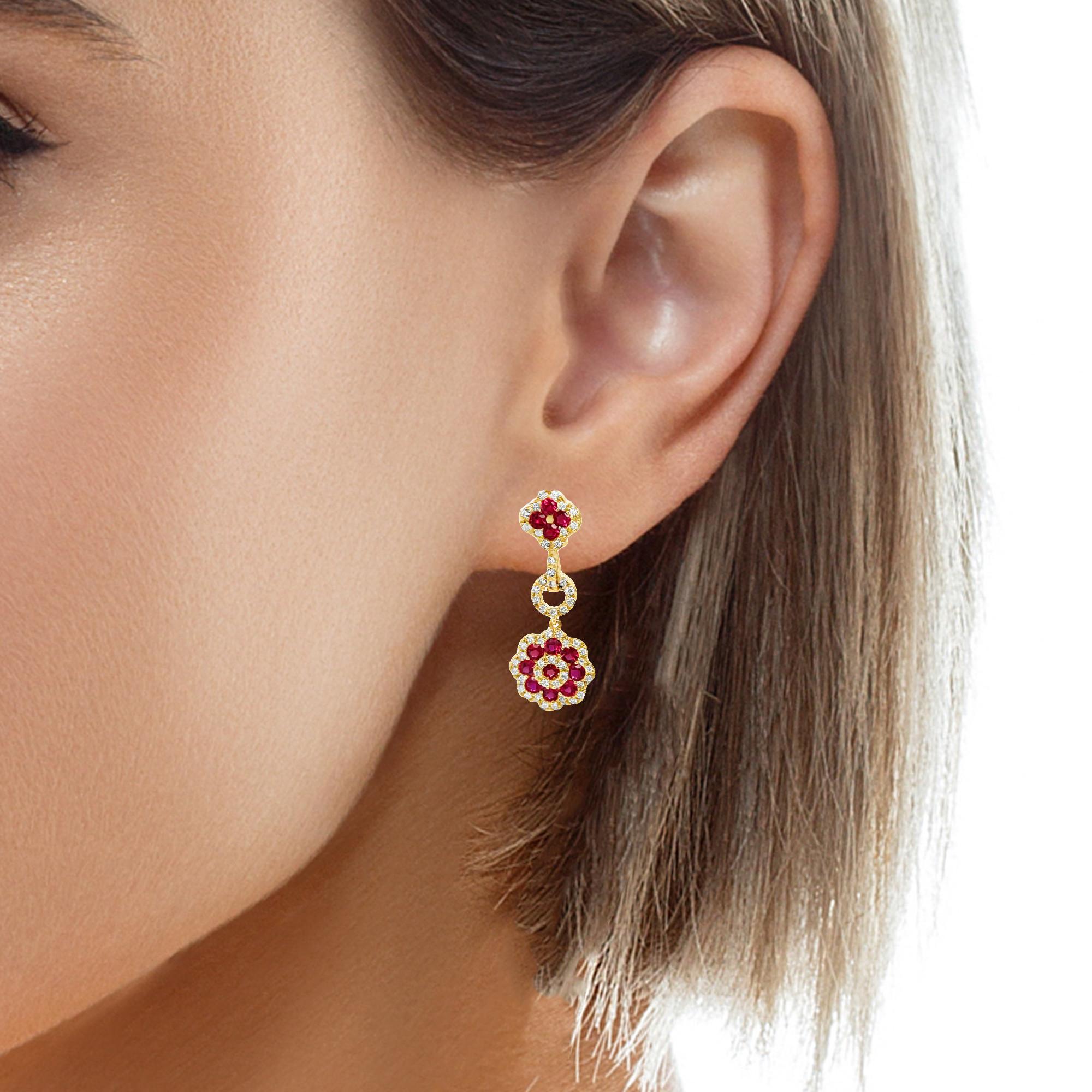 Women's Ruby and Diamond Flower Dangle Earrings in 18k Yellow Gold  For Sale