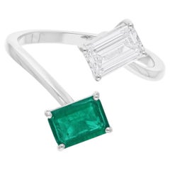 Emerald Cut Diamond and Emerald Open Ring, 0.91 Carat Diamond, 18K White Gold