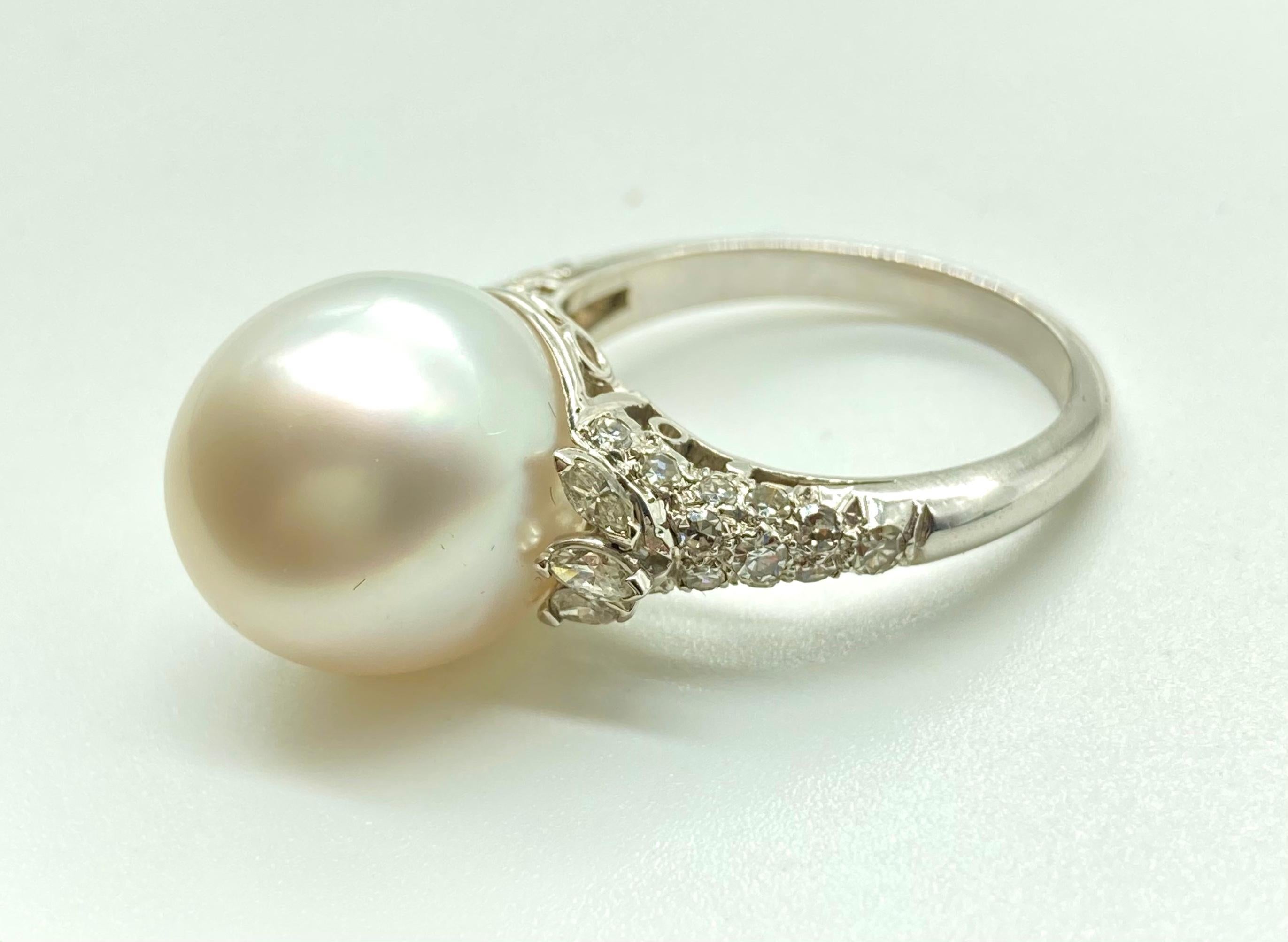 A beautiful white gold ring featuring a 15.7mm cultured pearl embellished with 0.60 carats of diamonds.