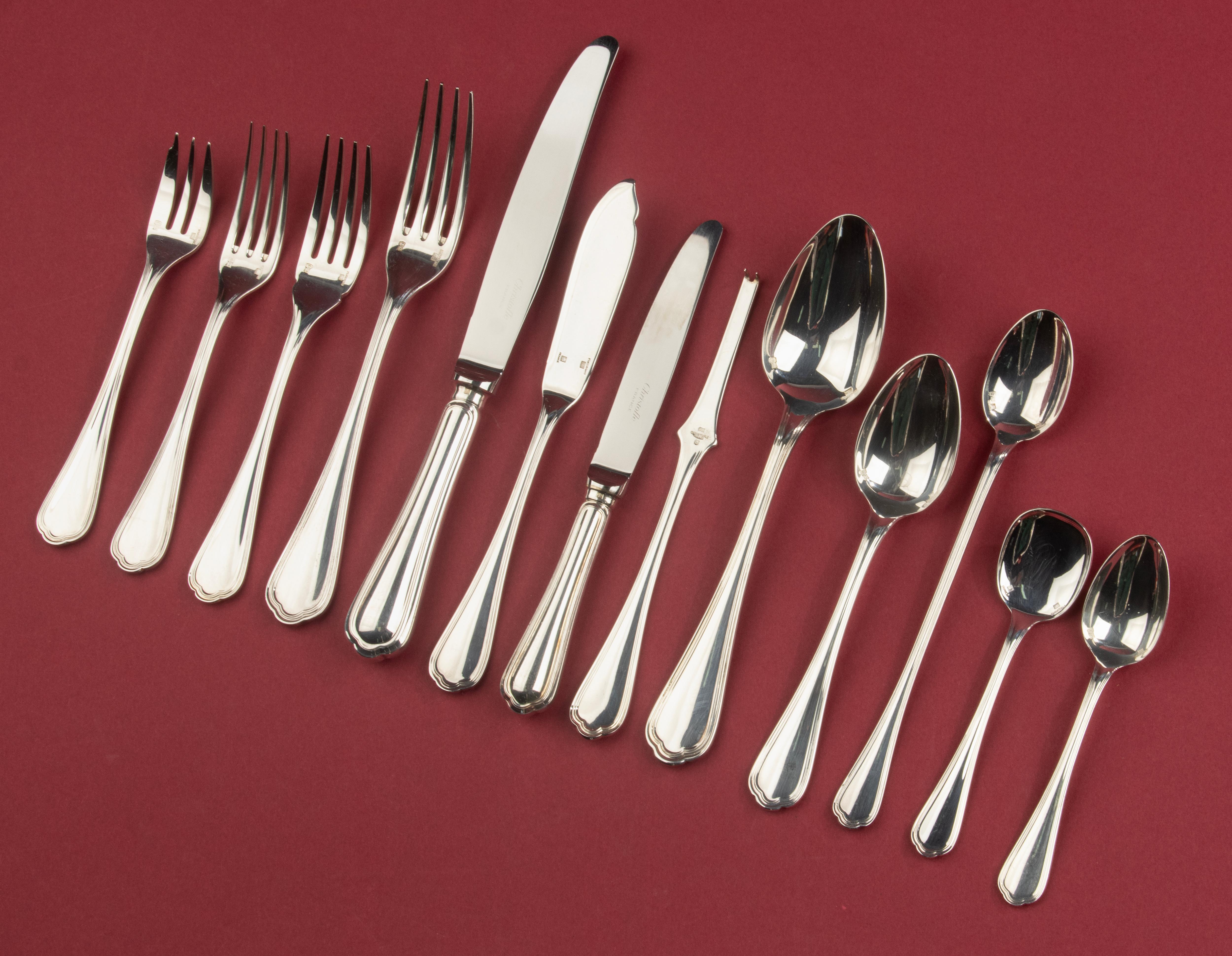 A beautiful silver plated cutlery set, almost complete for 12 persons, made by the French brand Christofle. 
The name of the model is Spatours. A classic en timeless design that has been part of the Christofle collection for decades. 
The set comes