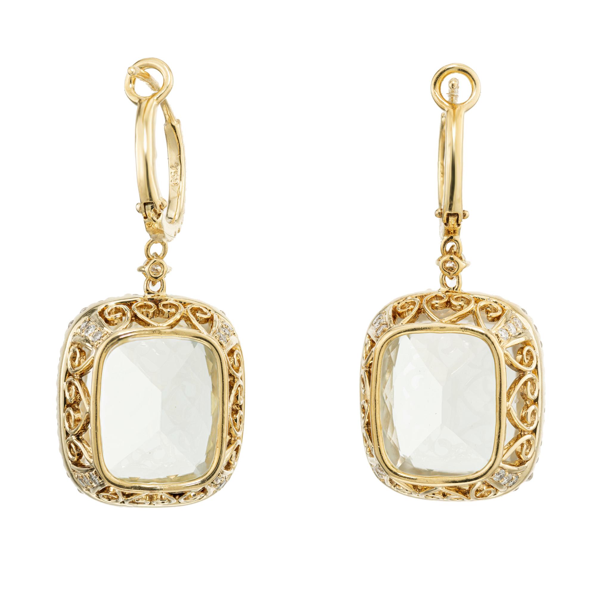 Cushion Cut 15.70 Carat Blue Green Quartz Diamond Halo Gold Dangle Earrings For Sale