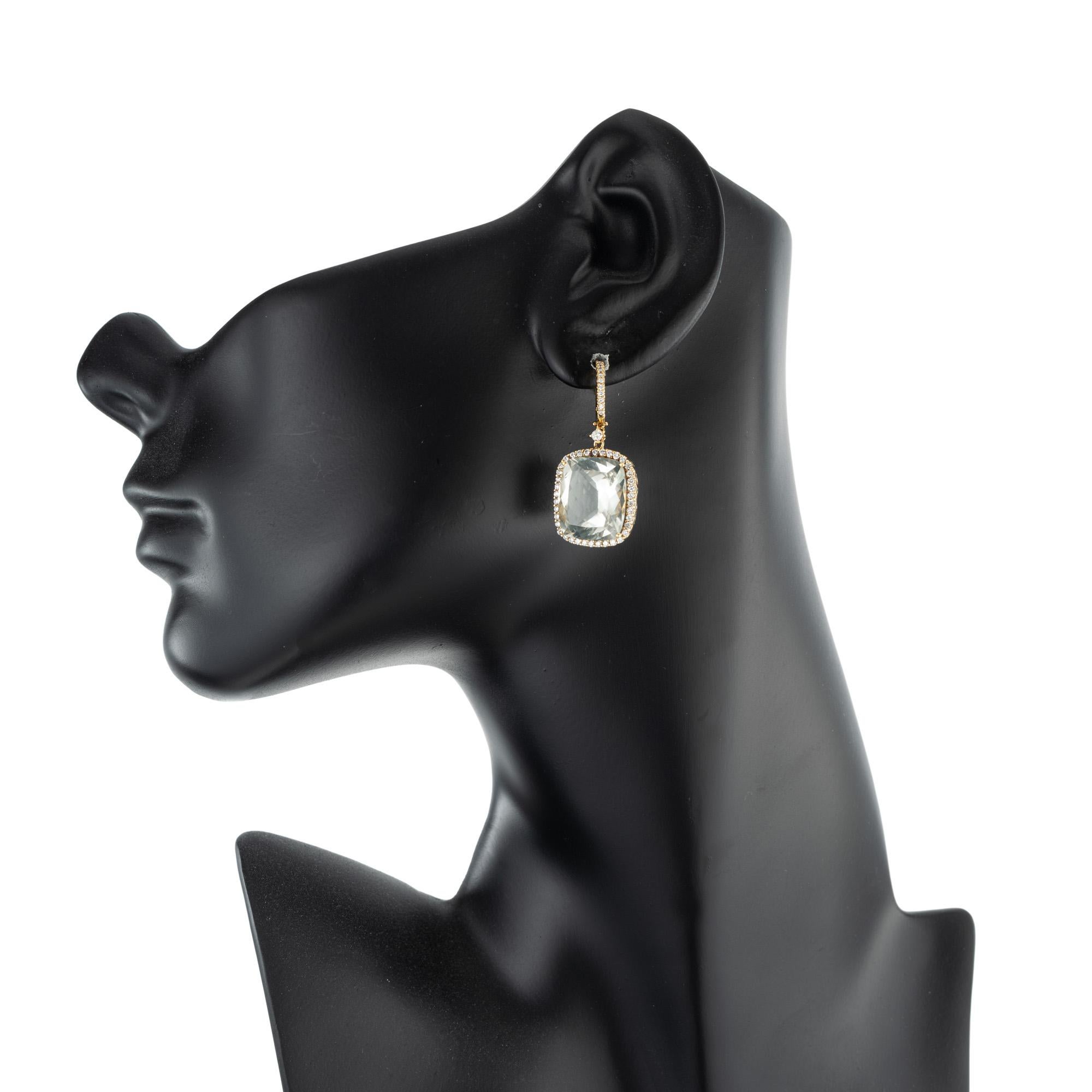 15.70 Carat Blue Green Quartz Diamond Halo Gold Dangle Earrings For Sale 1
