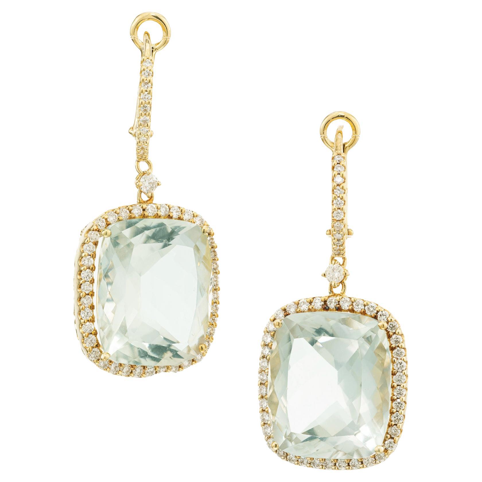 15.70 Carat Blue Green Quartz Diamond Halo Gold Dangle Earrings For Sale