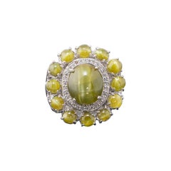 15.70 Carat Chrysoberyl Cats-Eye and Diamond 18k Gold Cocktail Ring