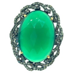 15.70 Carat Green Onyx, Diamond Ring in Oxidized Sterling Silver, 14 Karat Gold
