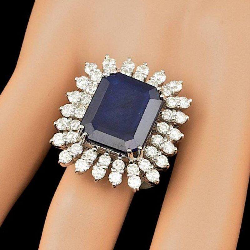 14 Karat massiver Weißgold Ring mit 15,70 Karat natürlichem Saphir und Diamant (Gemischter Schliff) im Angebot