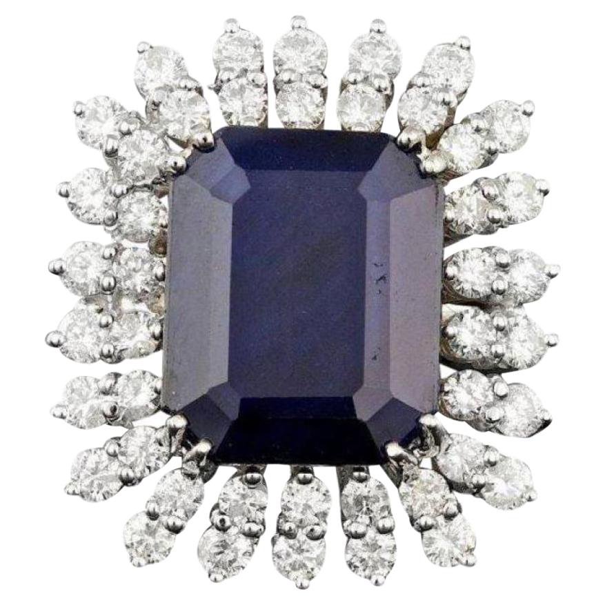15.70 Carats Natural Sapphire and Diamond 14k Solid White Gold Ring