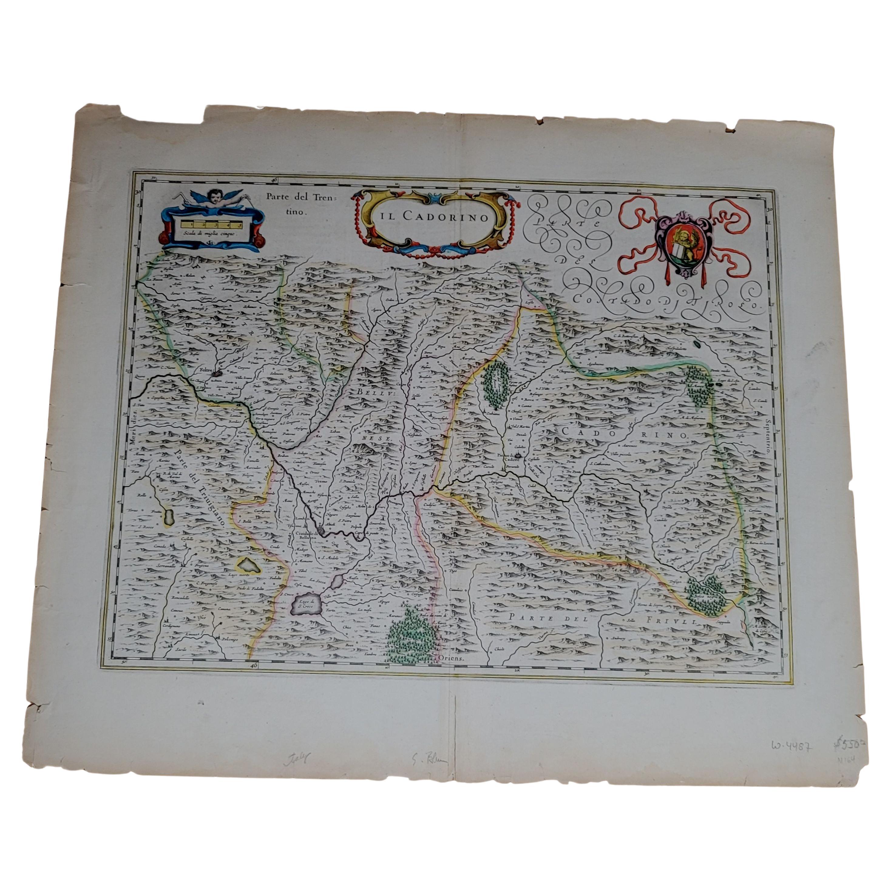 1571-1638 Willem Blaeu map entitled, "Ilcadorino, " Hand Colored Ric0009