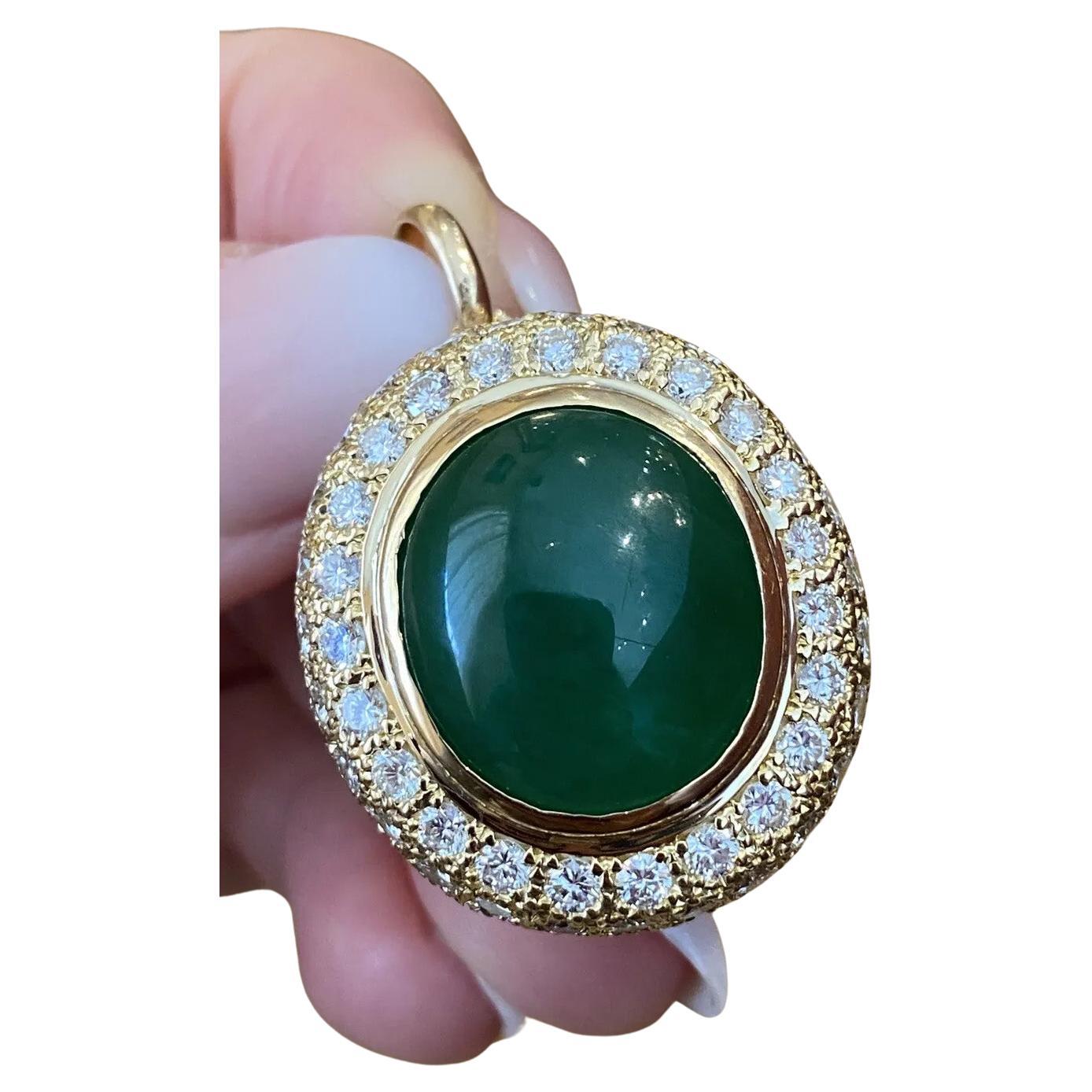 15.71 Carats GIA Jadeite Jade & Diamond Pendant in 18k Yellow Gold For Sale