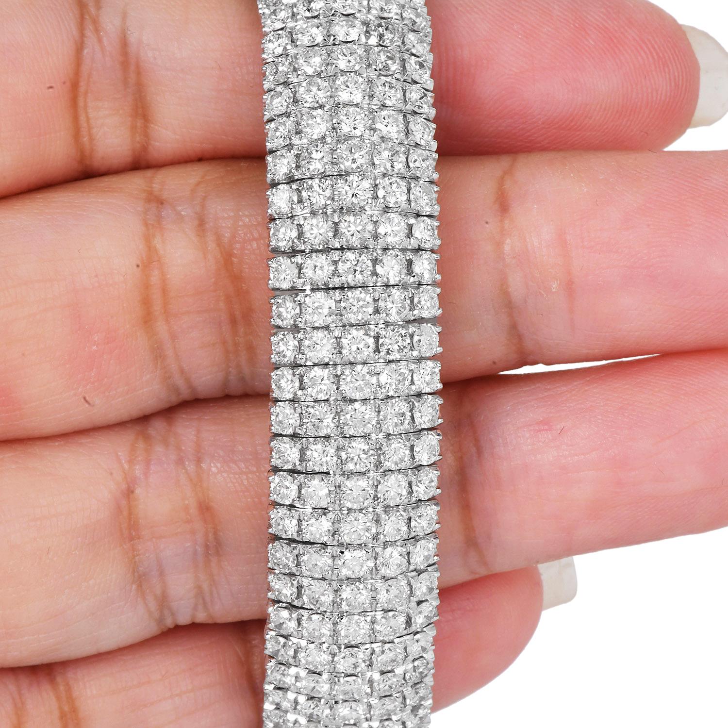 Women's or Men's  15.72 carat Diamond 18K Gold Wide Five Row Cuff Statement Bracelet For Sale