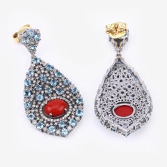 72 Karat echte Koralle, blauer Topas und Diamant .925 Sterlingsilber Ohrringe