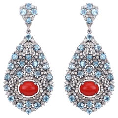 15.72 Carat Genuine Coral, Blue Topaz and Diamond .925 Sterling Silver Earrings