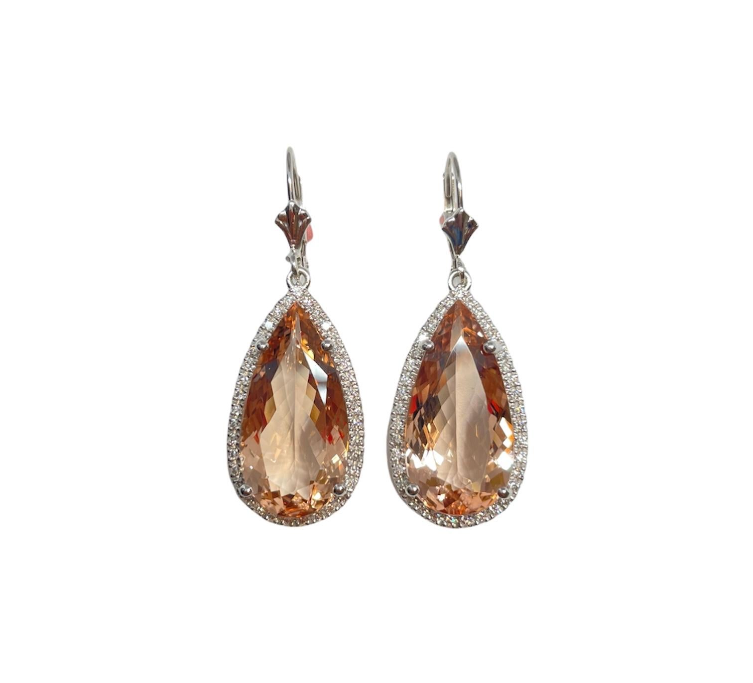 Pear Cut 16.28 ct Morganite & Diamond Earrings For Sale