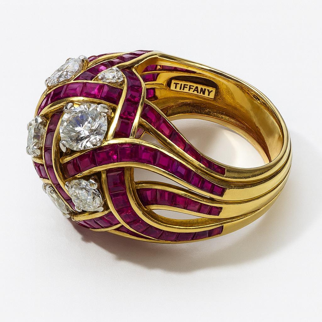 15,74 carati Tiffany & Co. Anello con diamanti e rubini in platino e oro giallo 18 carati in vendita 1