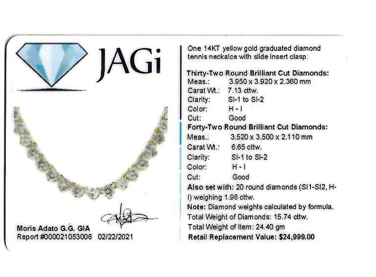 15.74 Carats Total Round Diamond Graduated Tennis Necklace 14 Karat Yellow Gold For Sale 9