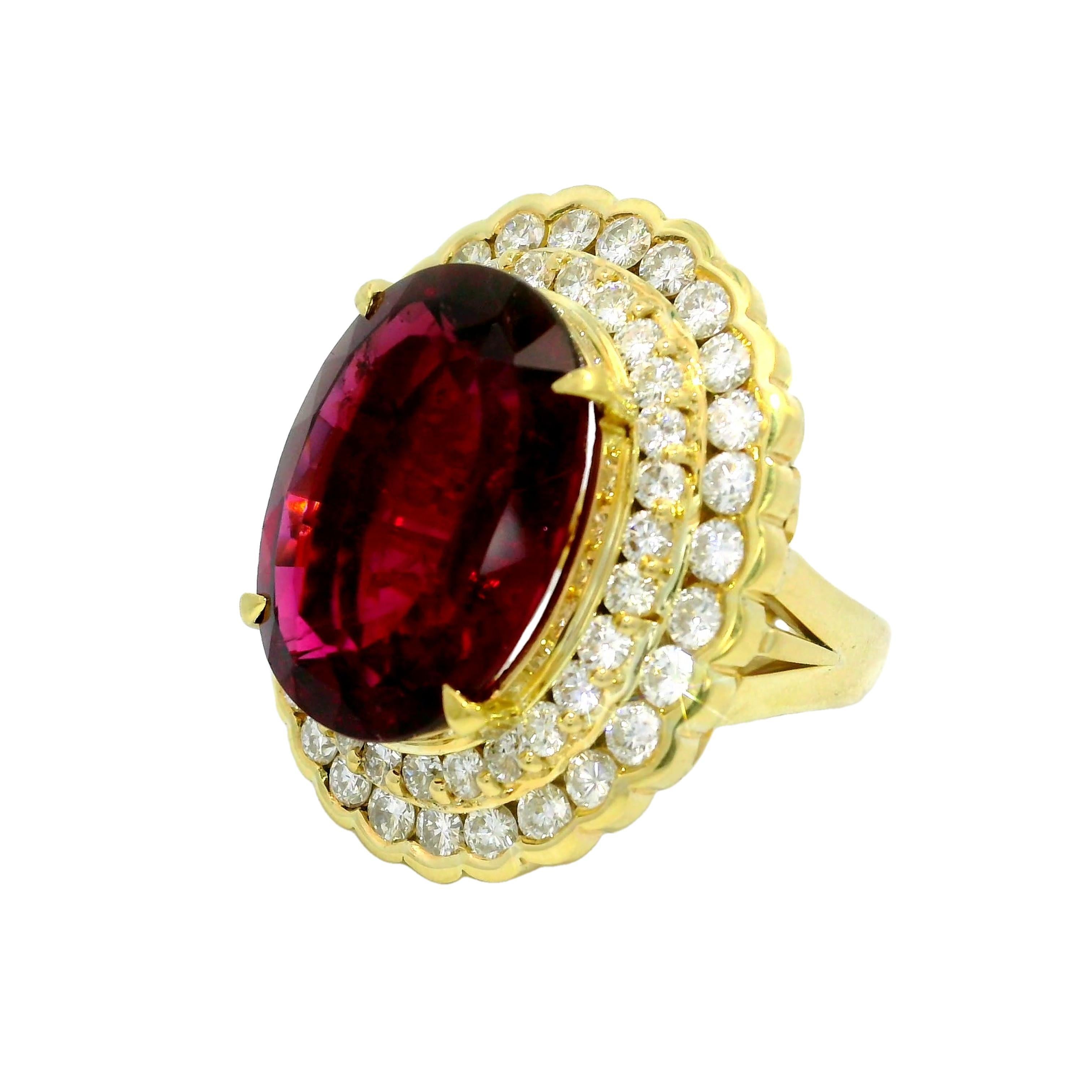 Contemporary 15.74 Rubellite Tourmaline Diamond Double Halo 18k Yellow Gold Cocktail Ring For Sale