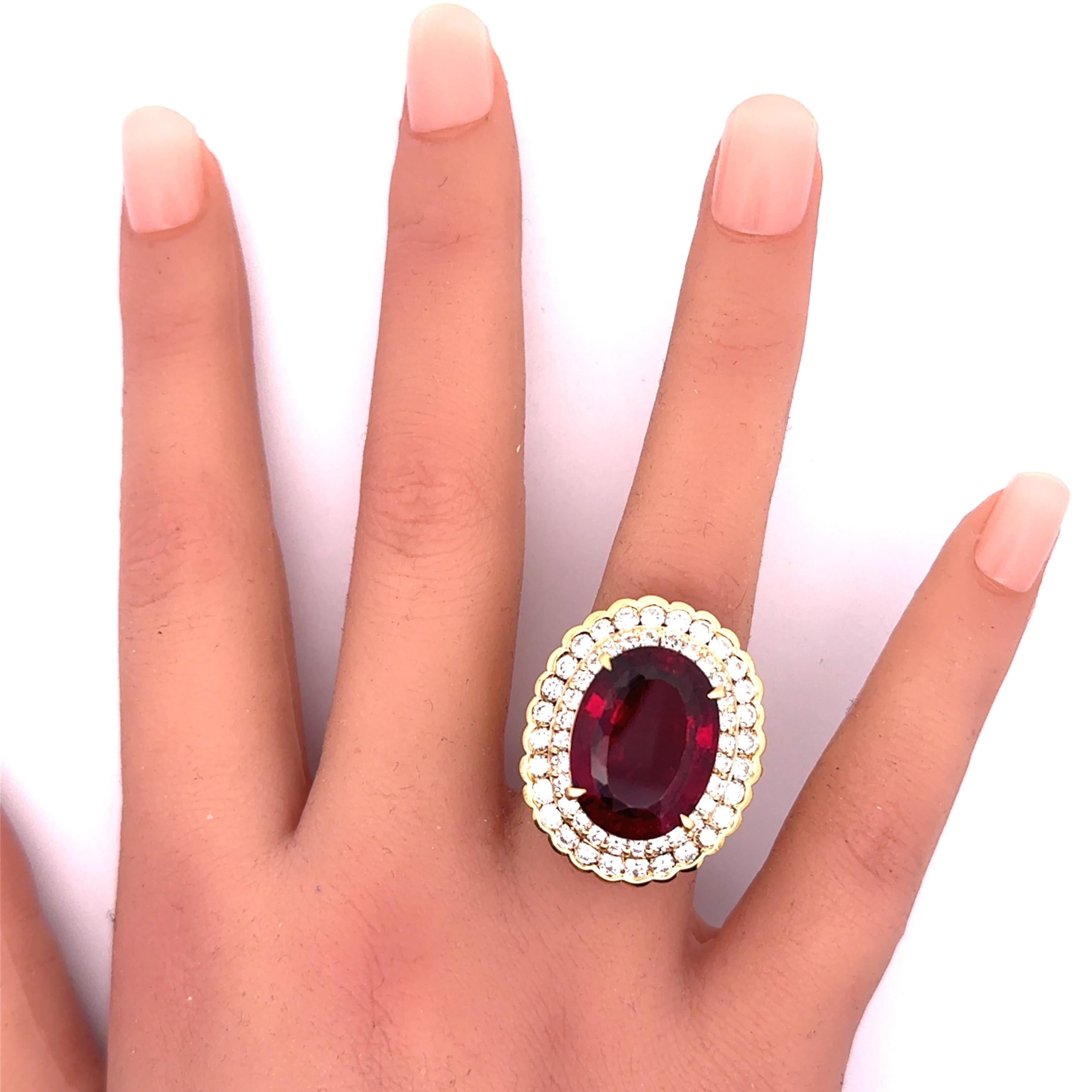 Oval Cut 15.74 Rubellite Tourmaline Diamond Double Halo 18k Yellow Gold Cocktail Ring For Sale