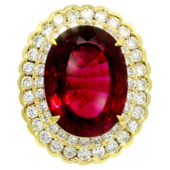 15,74 Tormalina Rubellite Diamante Doppio Halo Anello Cocktail in oro giallo 18k