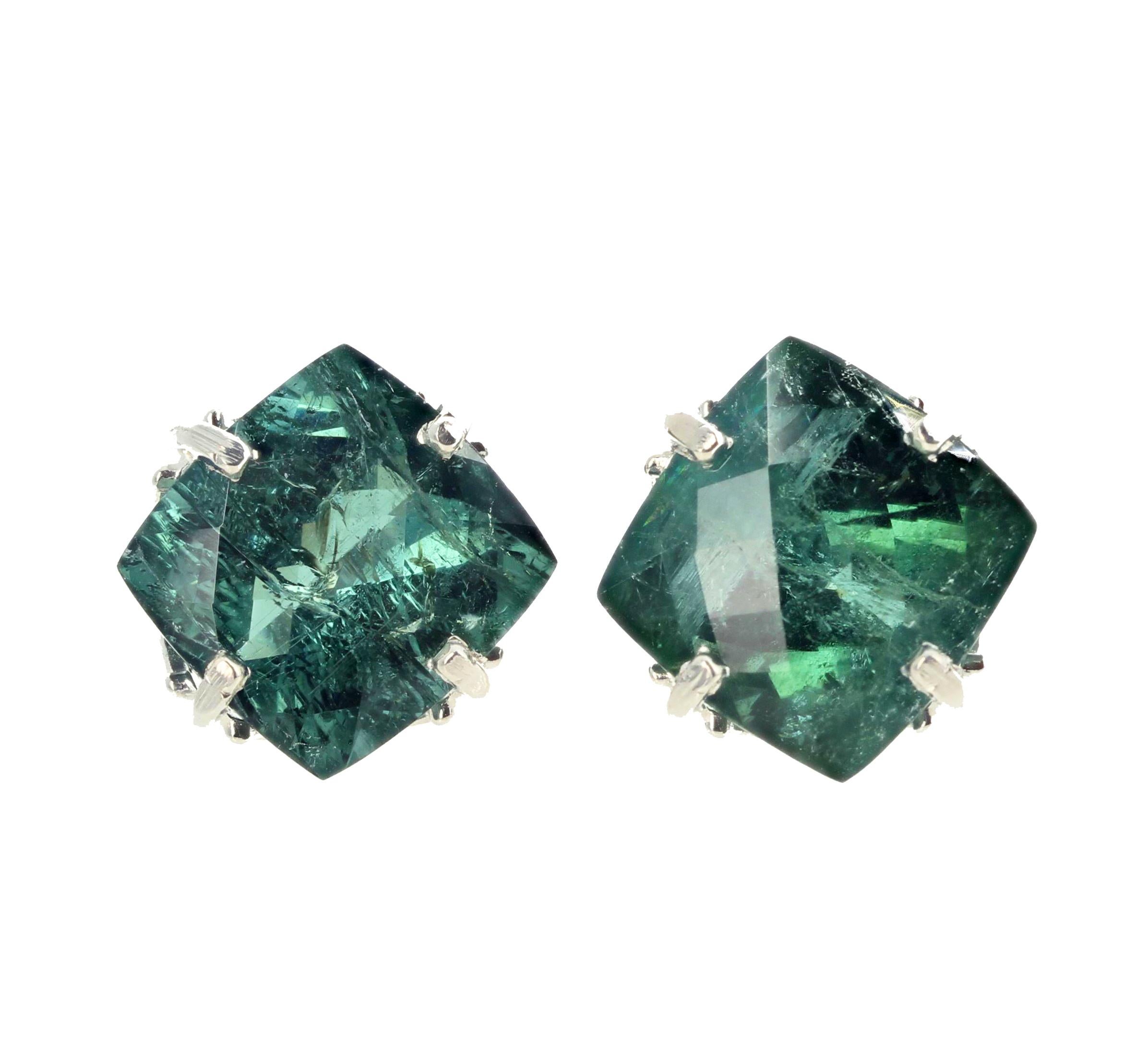 Brilliant checkerboard gem cut sparkling natural real green Tourmalines (15.75 carats - 12 mm x 12 mm) set in sterling silver stud earrings.  These are perfect for day into night events.  