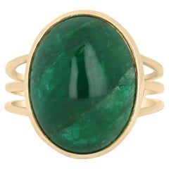 15.77ct 14K Huge Natural Cabochon Emerald-Oval Cut Solitaire Gold Ring