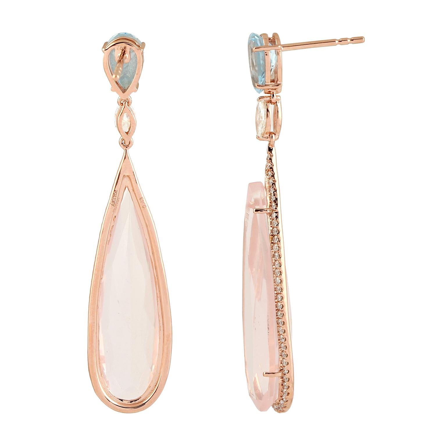 Taille rose Boucles d'oreilles en goutte en or 14 carats avec quartz rose, topaze bleue et diamants de 15,79 carats en vente