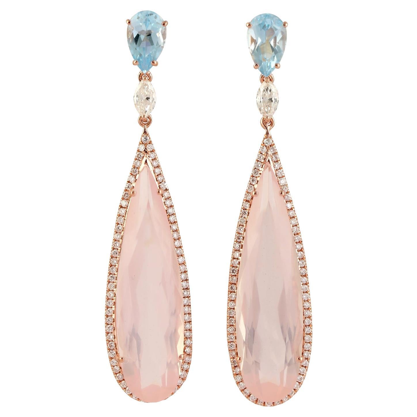 15.79 Carat Rose Quartz Blue Topaz Diamond 14 Karat Gold Drop Earrings