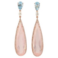15.79 Carat Rose Quartz Blue Topaz Diamond 14 Karat Gold Drop Earrings