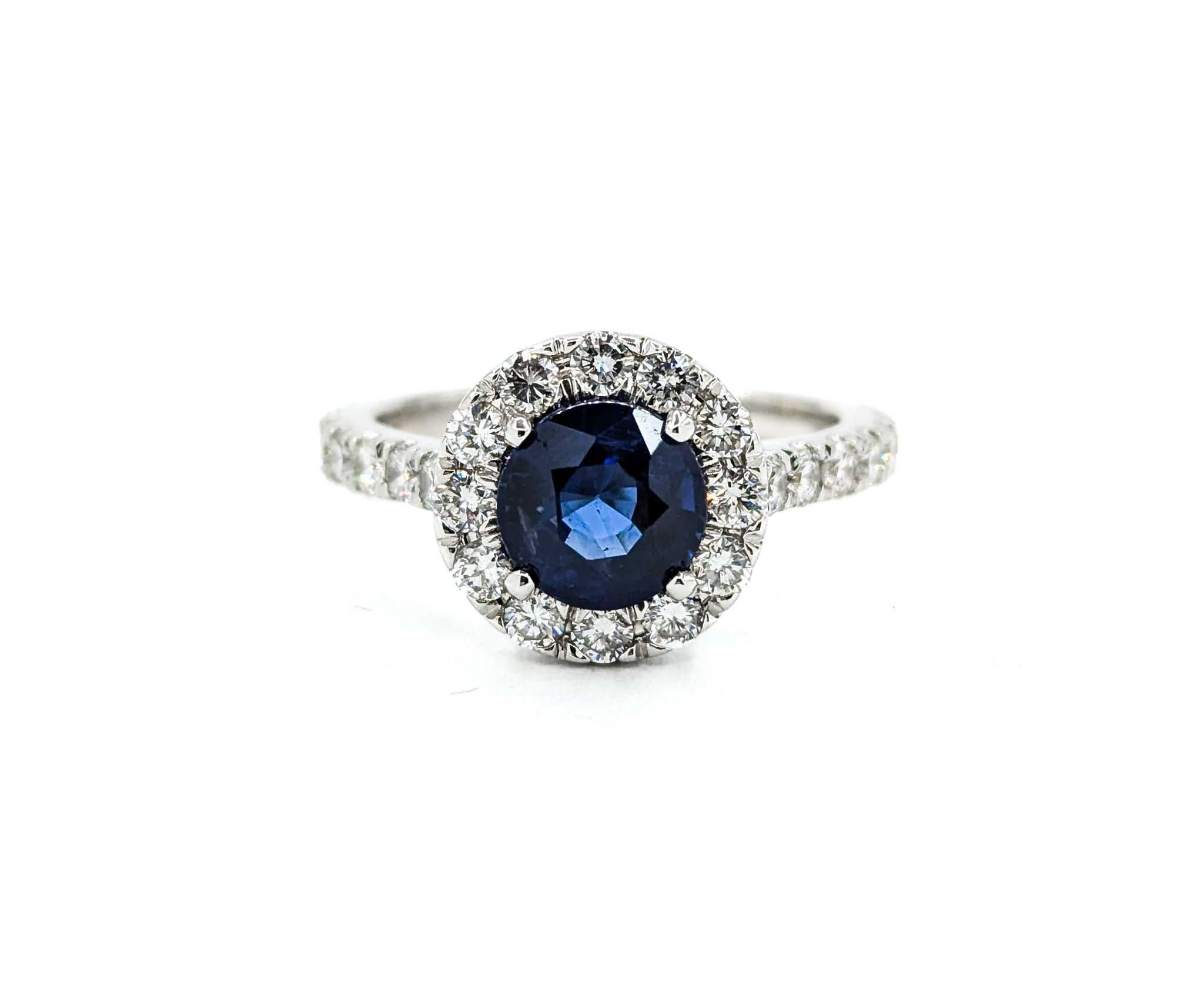 1.57ct Blue Sapphire & Diamond Halo Ring in White Gold For Sale 7