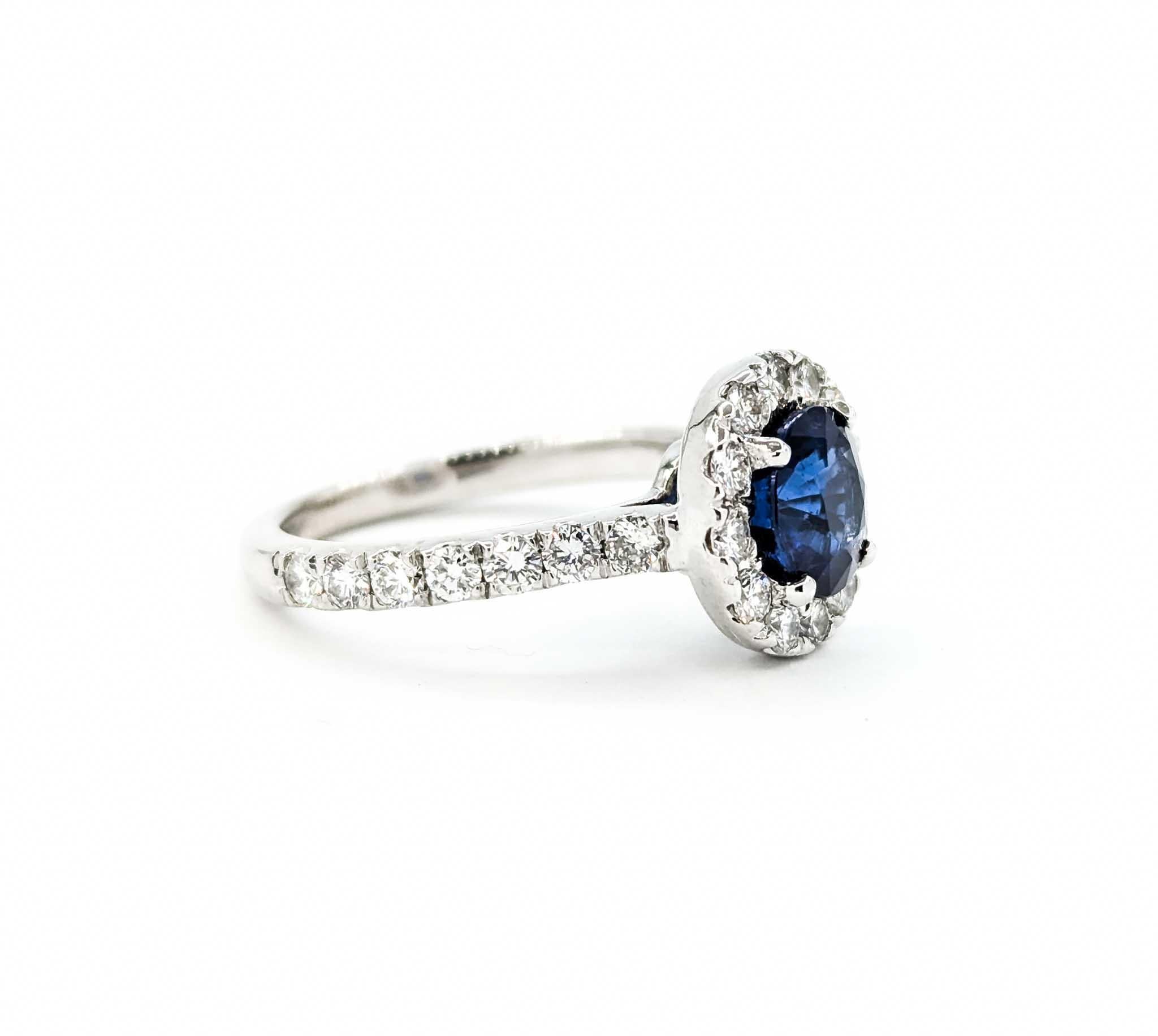 Women's 1.57ct Blue Sapphire & Diamond Halo Ring in White Gold For Sale