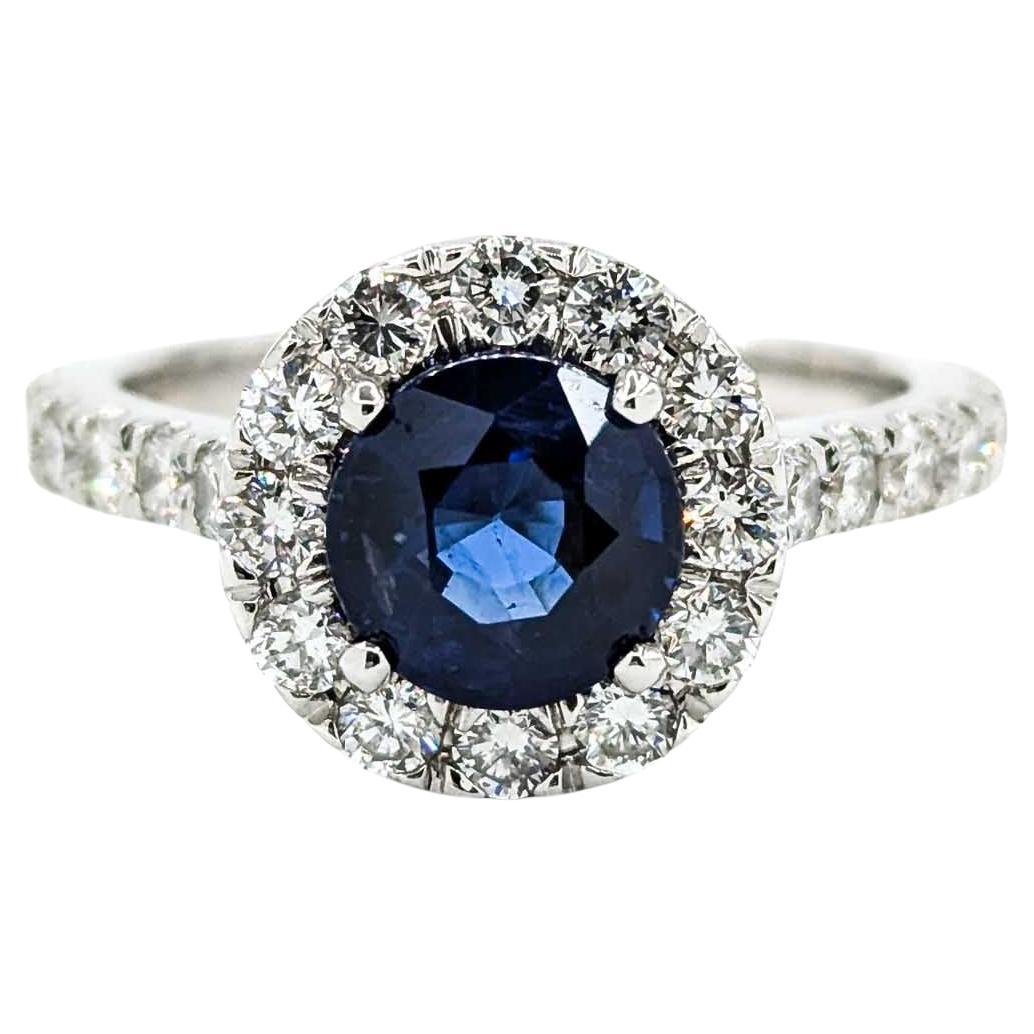 1.57ct Blue Sapphire & Diamond Halo Ring in White Gold