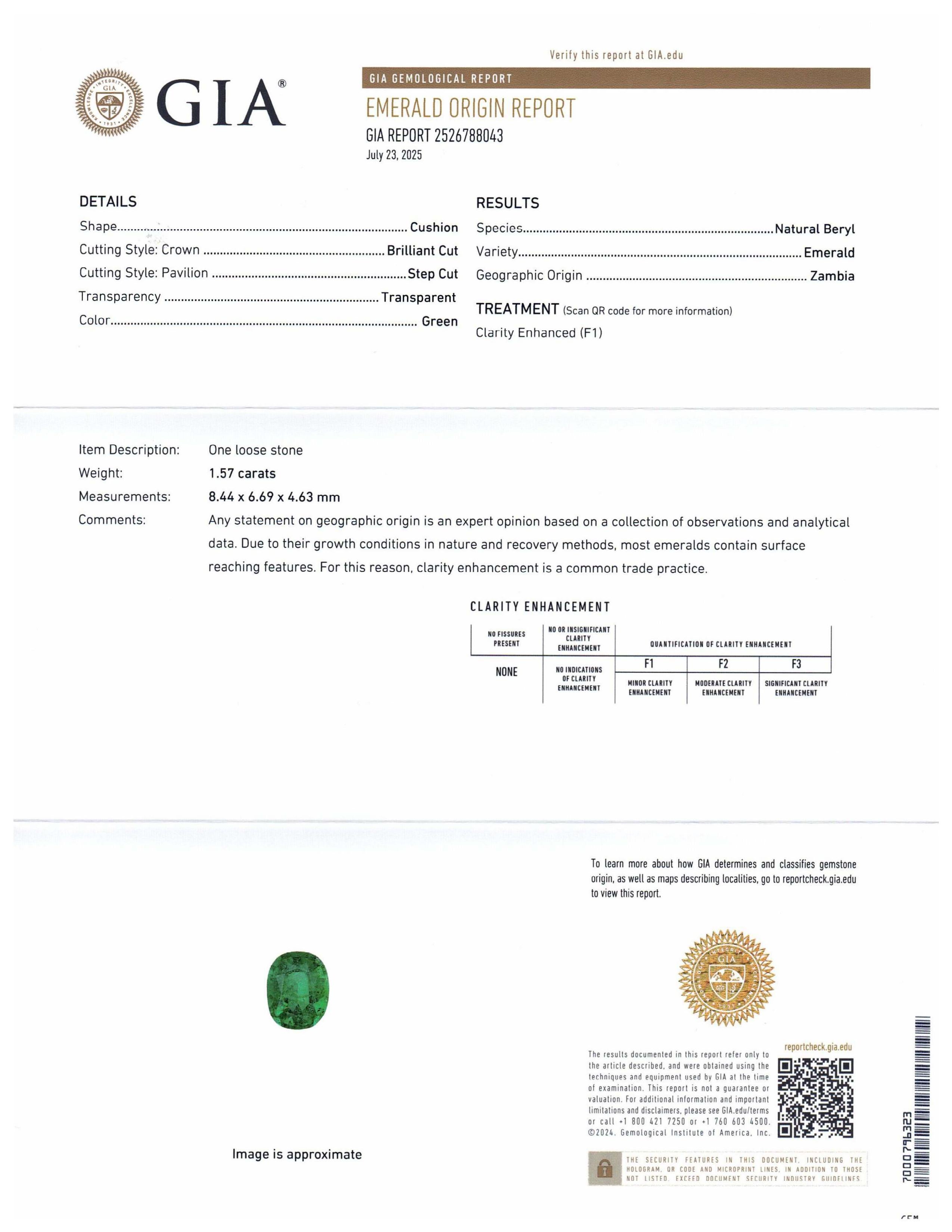 Si tratta di uno splendido smeraldo certificato GIA 


Il rapporto GIA recita come segue:

Numero del rapporto GIA: 2526788043
Forma: Cuscino
Stile di taglio: 
Stile di taglio: Corona: Taglio brillante
Stile di taglio: Padiglione: Taglio a