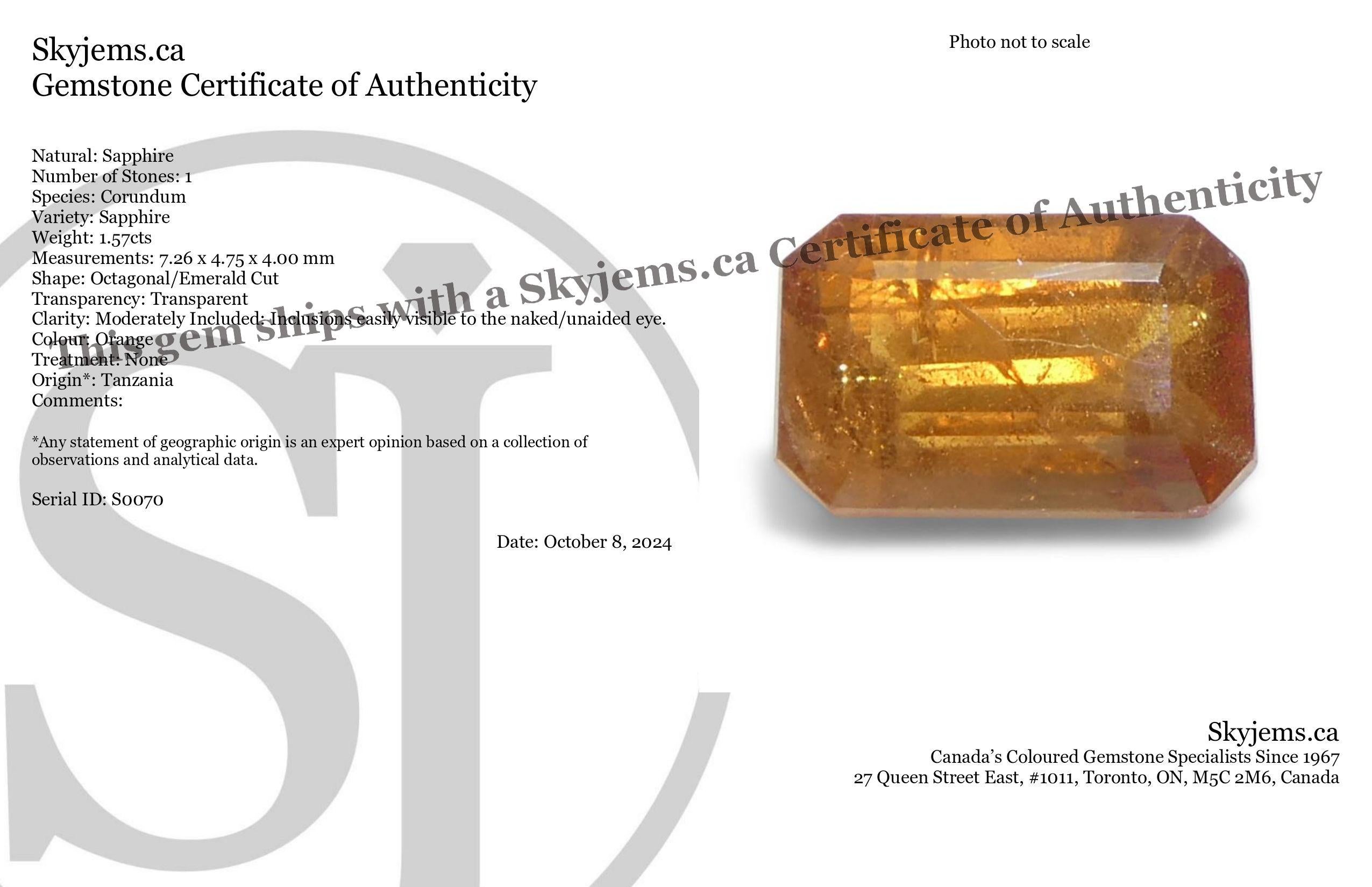 Beschreibung:

Edelstein-Typ: Saphir 
Anzahl von Steinen: 1
Gewicht: 1,57 Karat
Abmessungen: 7,26 x 4,75 x 4,00 mm
Form: Achteckig/Smaragdschliff
Schnittstil Krone: Stufenschnitt
Schnittstil-Pavillon: Stufenschnitt 
Transparenz: