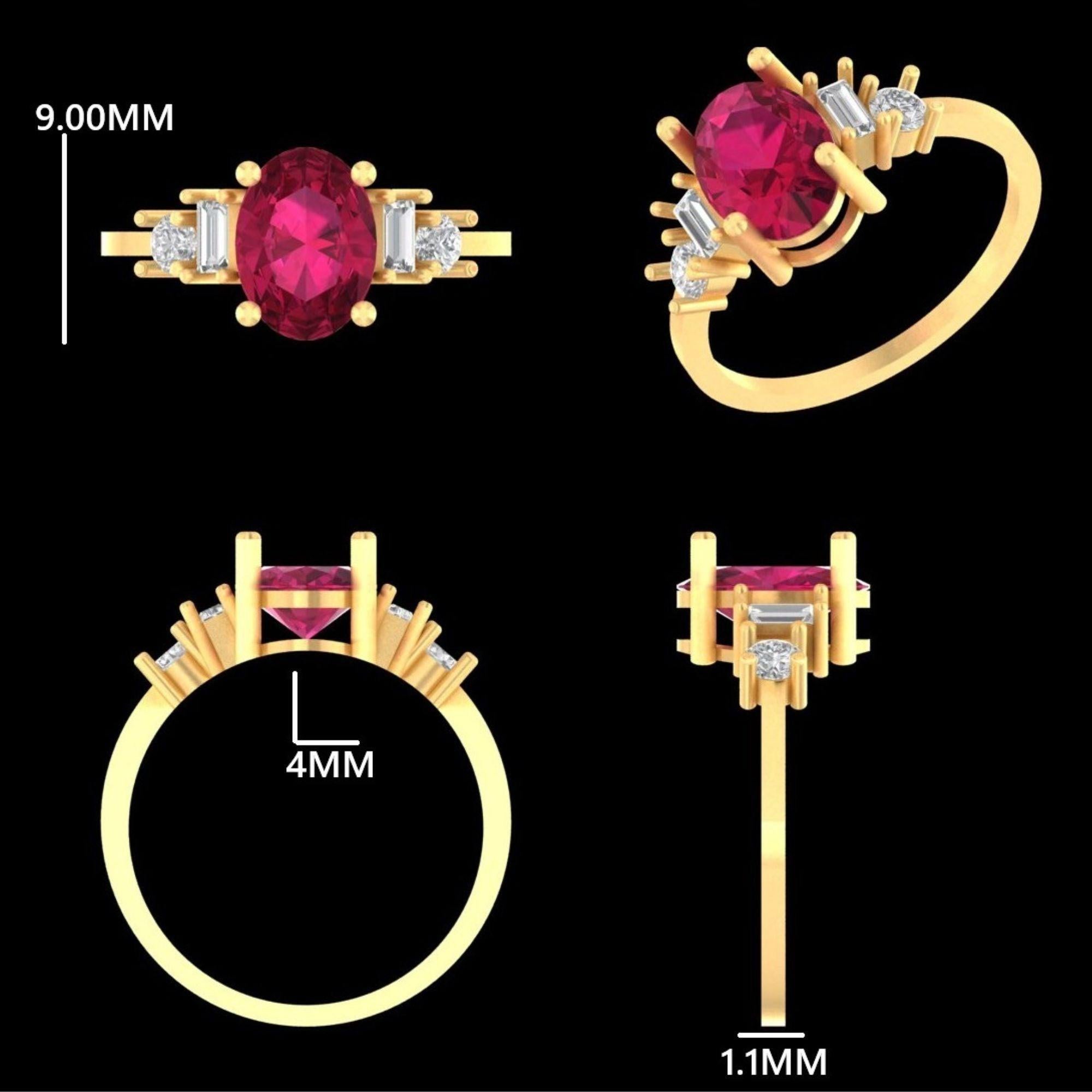 Ovaler Rubinring mit 1,57 ct. und ausgefallenen natürlichen Diamanten aus 14 K massivem Gold (zertifiziert) im Angebot 2