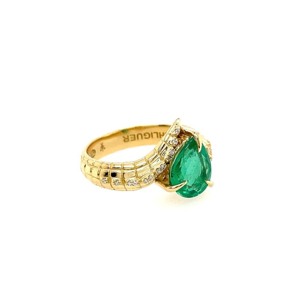 Artisan 1.57ct Pear cut Emerald and diamond ring OHLIGUER CROC Dragon in 18k For Sale