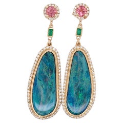 Drops d'opale rocheuse 15,7 carats avec halo de diamants, or massif 14 carats avec émeraude et tourmaline