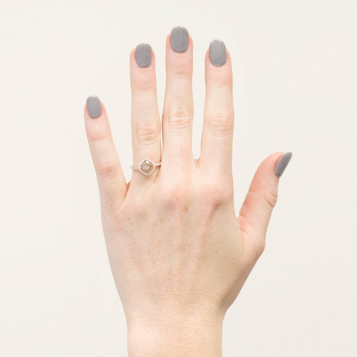 Women's Rose Gold 1.57 Carat Mocha Cushion Diamond Halo Engagement Ring For Sale
