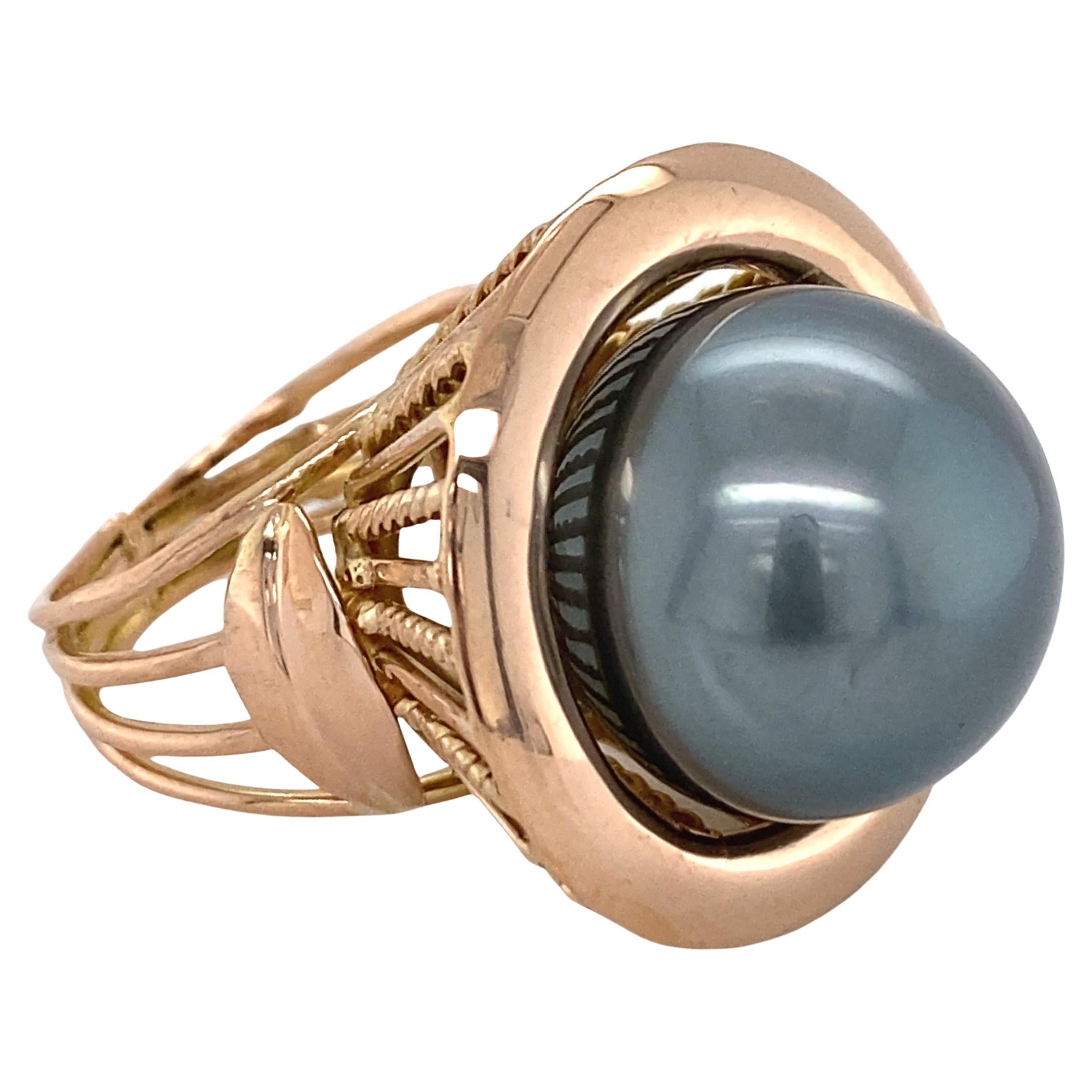 Mid-Century "Cage" Ring Set with 15.7mm Black Tahitian Pearl in Rose Gold For Sale