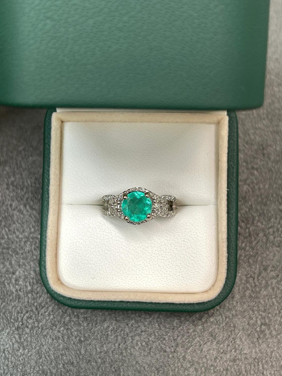 Modern 1.57tcw 14K Colombian Emerald & Diamond Halo Engagement Ring For Sale
