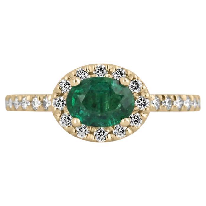 1.57tcw 14K Natural Emerald-Oval Cut & Diamond Halo Engagement Ring For Sale