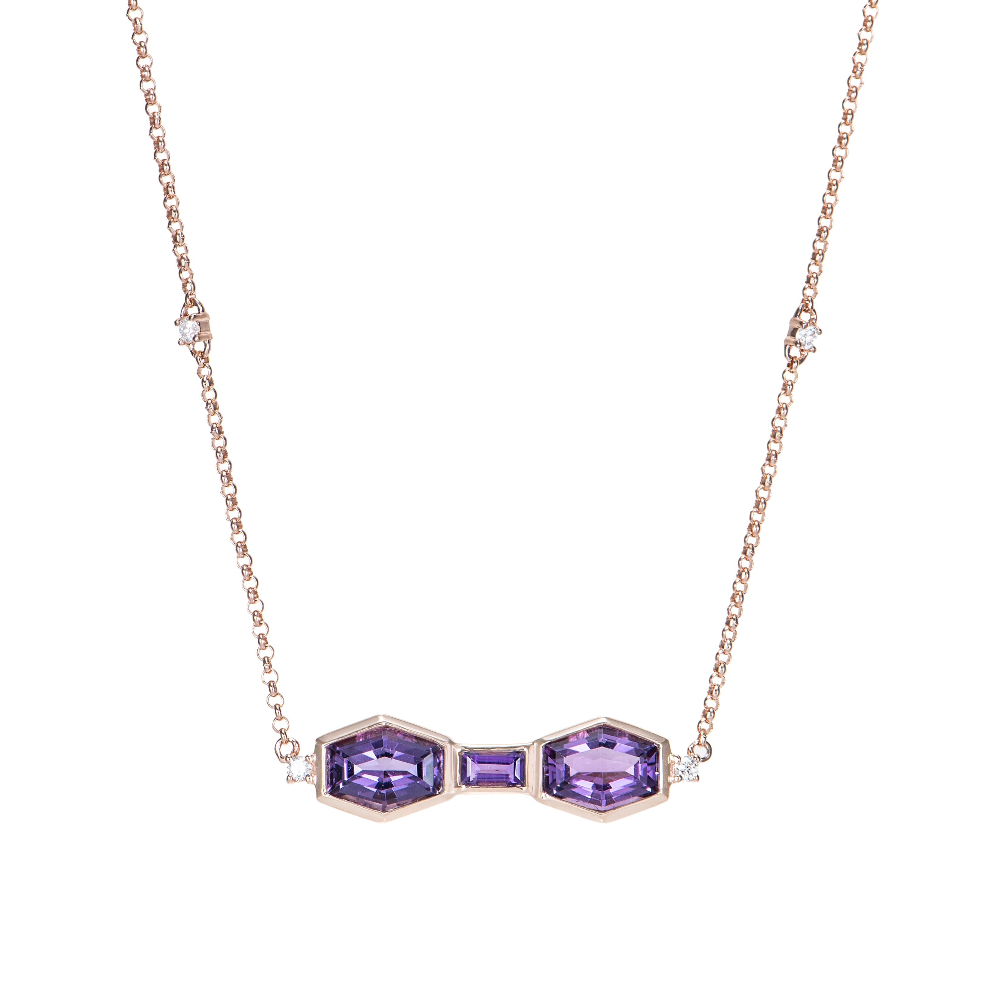It is Fancy Amethyst Pendant in Hexagon shape with purple hue. This rose gold Pendant have a timeless, elegant appearance and can be worn on different occasions.

Amethyst Pendant in 14Karat Rose Gold with White Diamond.

Amethyst: 1.58 carat, 7X5mm