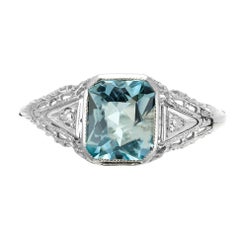 1.58 Carat Aquamarine Diamond Gold Filigree Three-Stone Ring