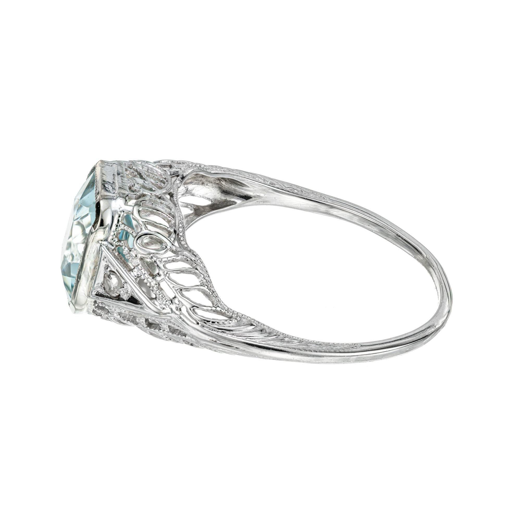 Emerald Cut 1.58 Carat Aquamarine Diamond Gold Filigree Three-Stone Ring For Sale
