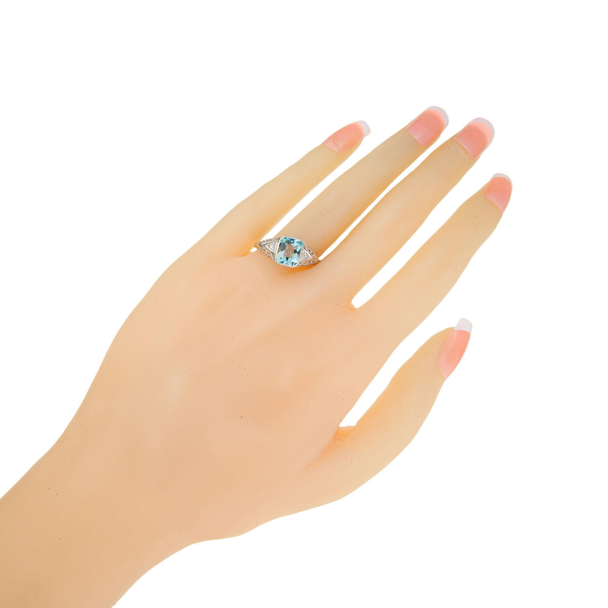 Women's 1.58 Carat Aquamarine Diamond Gold Filigree Three-Stone Ring For Sale