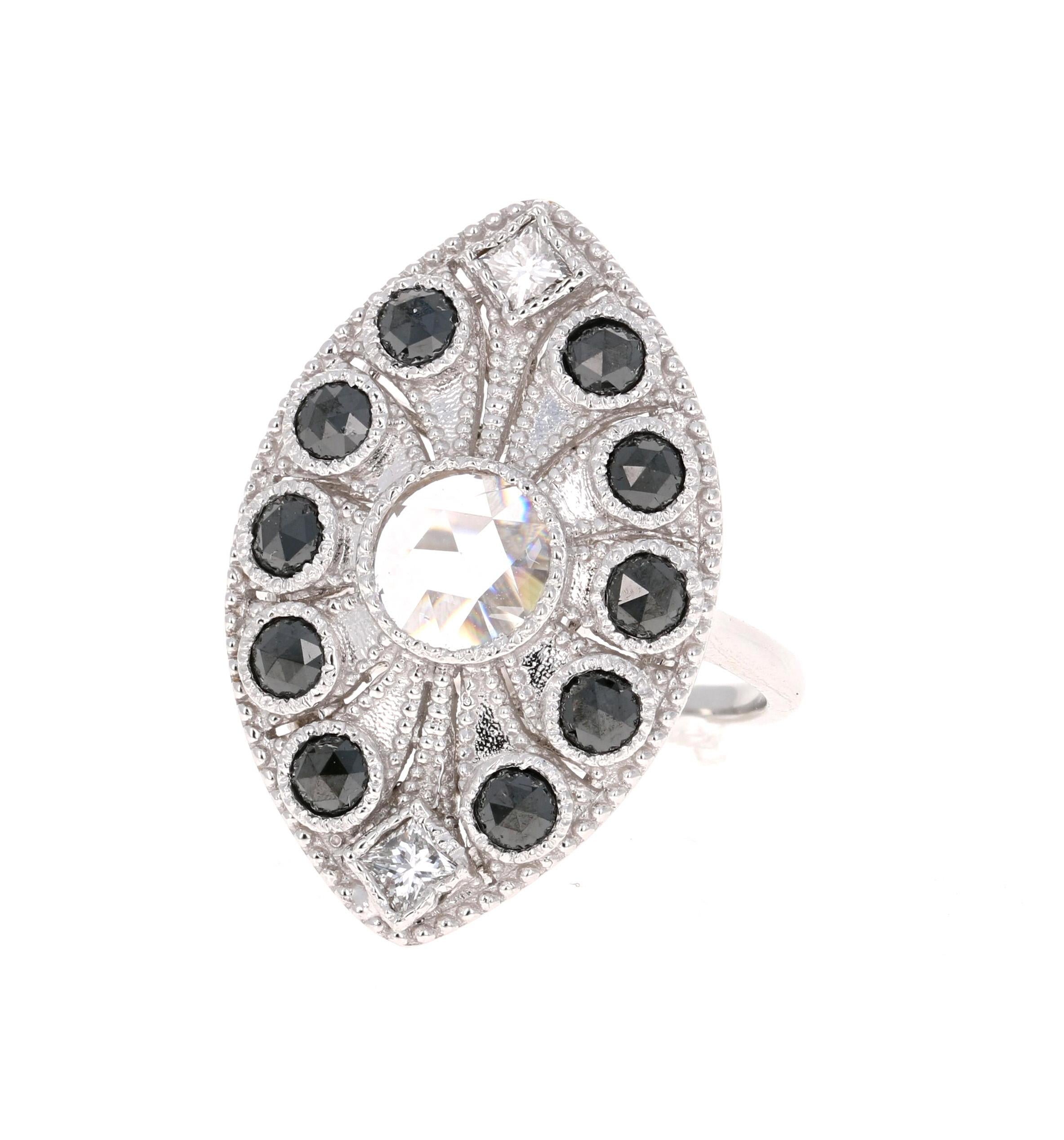 1.58 Carat Black and White Rose Cut Diamond Art Deco 18 Karat White Gold Ring In New Condition In Los Angeles, CA